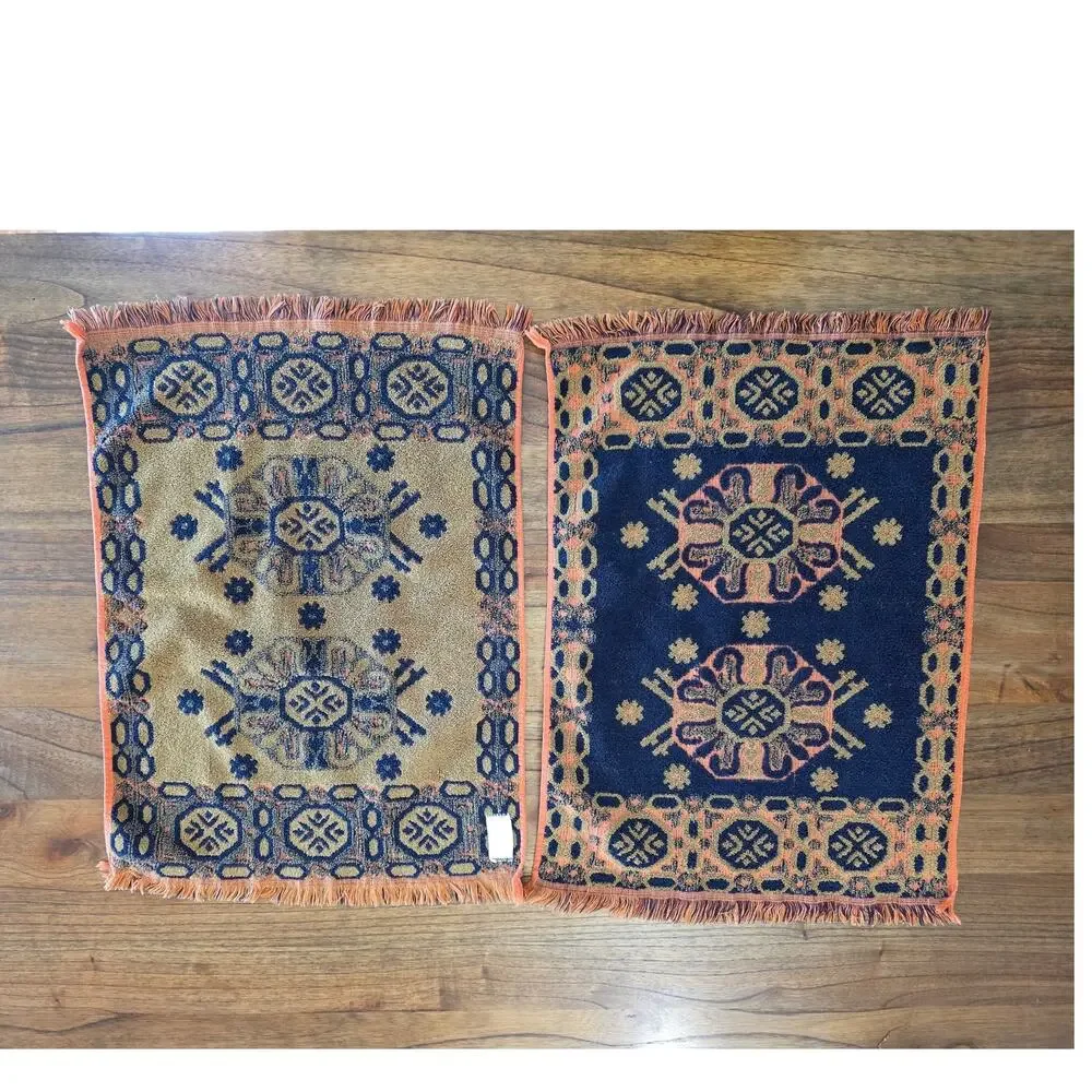 VTG MCM Fringed Jacquard Geometric Orange Avocado 70s Cotton Terry Hand Towels